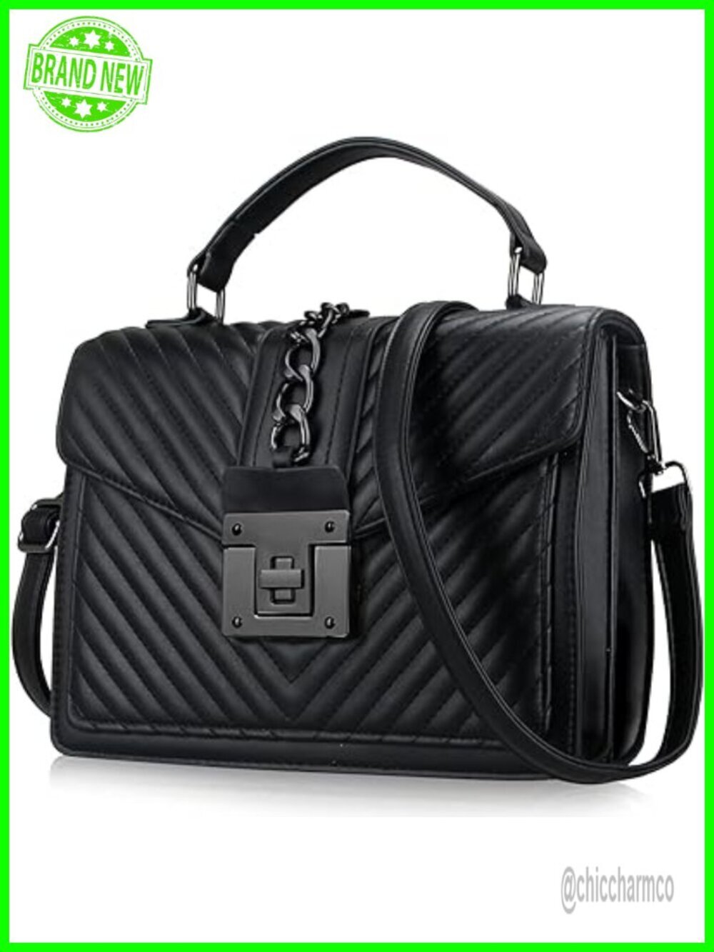 Quilted Faux Leather Top Handle Satchel Crossbody Bag with Turn-Lock Closure